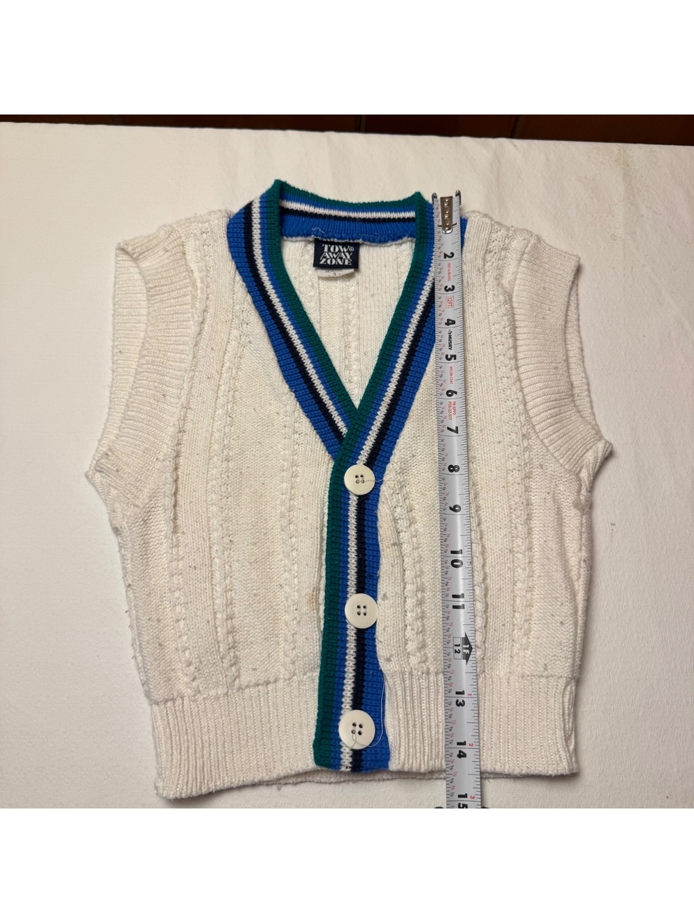 Vintage Kids Cable Knit Sweater Vest Tow Away Zone Cream Striped Trim Size 3 - Picture 5 of 6